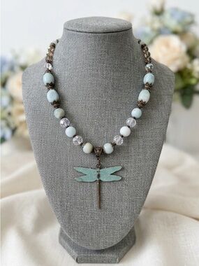 Hand Crafted Amazonite, Crystal & Dragonfly OOAK Statement Necklace 18” NWT